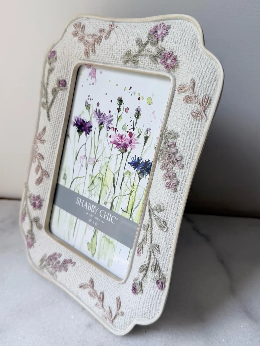 Shabby Chic Cream Frame with Pink and Green Embroidery 4”x6” photo
